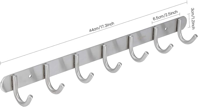 Towel Hook Rack Brushed Nickel - Sagmoc 17-Inch Coat Hook Rail Wall Mounted with 7 Round Hooks, Durable Wall Hangers for Bedroom, Bathroom, Foyer, Hallway (304 Stainless Steel)