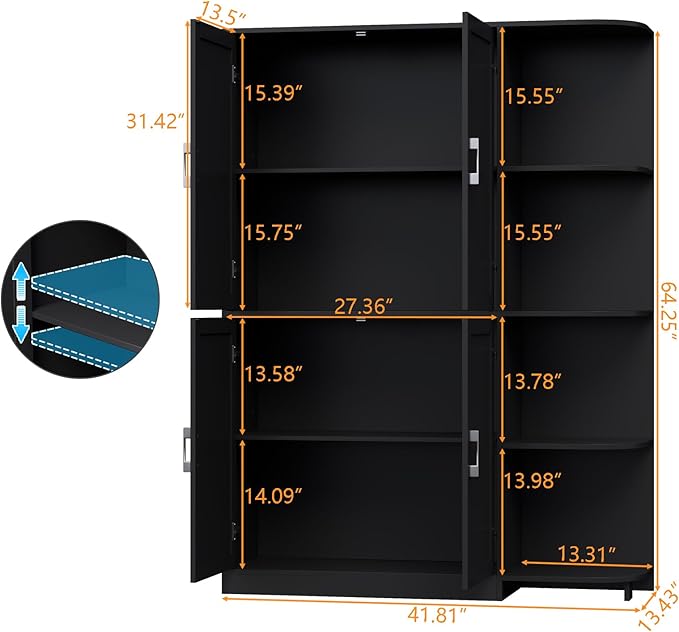 Kitchen Pantry Storage Cabinet, 64" Tall Freestanding Cupboard with Doors & Adjustable Shelves, Food Pantry Cabinet with 5-Tier External Shelf for Dining Room (Black)
