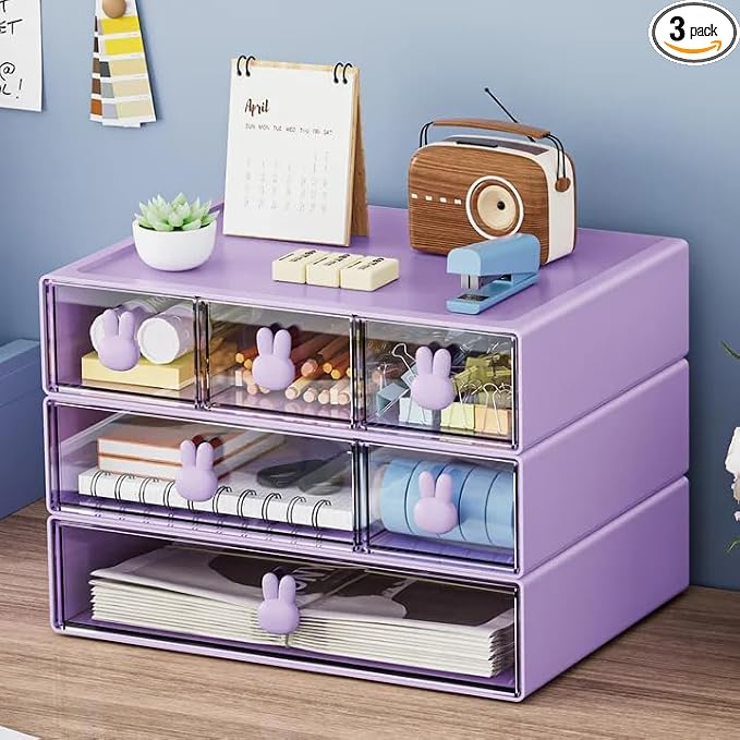 Marbrasse Desk Organizer with 6 Drawers, 3 Tier Stackable Storage Drawers Plastic Makeup Storage, Office Organizers and Storage, Desk Storage Box for Office, School, Home Purple