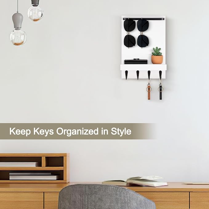 Key Holder Wall Mount, Key Holder for Wall with 4 Hooks, Farmhouse Key Hanger Holds Dog Leash, Sunglasses – Decorative Mail Organizer Home Decor (White)