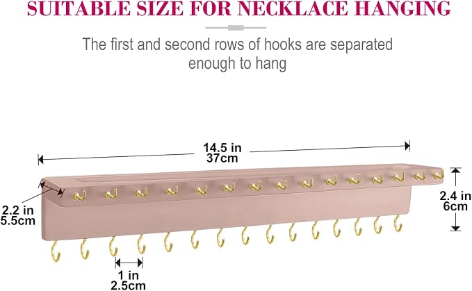 YYILIS Necklace Holder, Upgraded Extra Large Wall Necklace Organizer with 30 Hooks Wall Mounted Necklace Hanger with Jewelry Tray/Cosmetics Shelf Rustic Pine Wood Holder (Pink) | 30 Hooks Wall Mounted Necklace Hanger with Jewelry Tray/Cosmetics Shelf R...