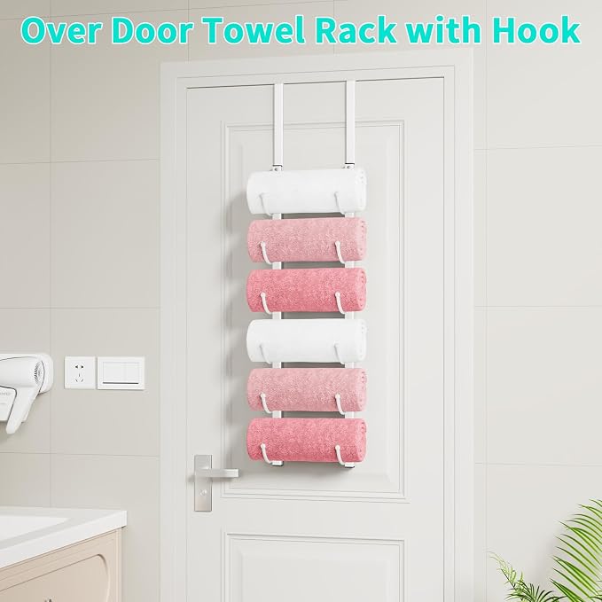 HapiRm Rolled Towel Racks for Bathroom - 6-Tier Over The Door & Wall Mounted Bathroom Towel Storage, Hanging Metal Organizer for Towels & Bath Sheets, Space Saving Rack for Bathroom, Camper, RV, White
