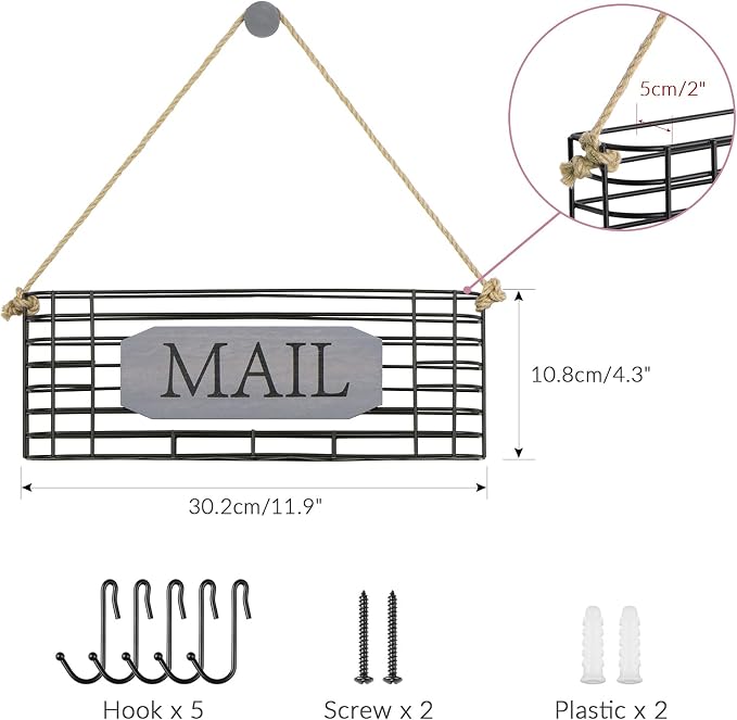 SRIWATANA Mail Organizer Wall Mount, 5 Key Hooks, Large, Weathered Grey | Mail Holder Key Holder for Wall, Hanging Mail Sorter, Letter Basket for Receipts Bills Envelopes, Home & Office Organizer