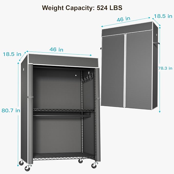Black Clothing Rack with Dark Gray Cover, P1C Plus Rolling Closet | Metal Garment Rack with Wheels for Hanging Clothes, Portable Clothing Storage Wardrobe