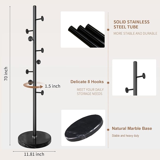 Coat Rack Stand,Black Metal Coat Rack Freestanding with 8 Hooks | Modern Coat Rack with Natural Marble Base,Coat Hanger Stand, 3 Adjustable Coat Clothes Tree Stand for Office