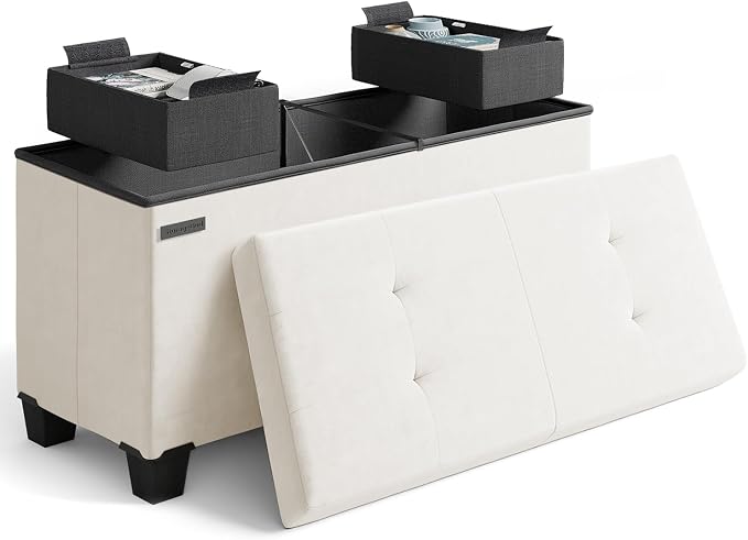 Storage Ottoman Bench with Bins, 30-in Storage Bench for Bedroom End of Bed, Folding Foot Rest Ottoman for Living Room Max 660lbs, Velvet Ottomans, Cream