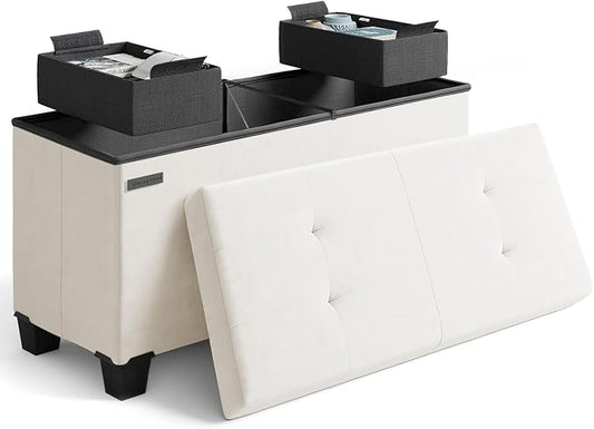 Storage Ottoman Bench with Bins, 30-in Storage Bench for Bedroom End of Bed, Folding Foot Rest Ottoman for Living Room Max 660lbs, Velvet Ottomans, Cream