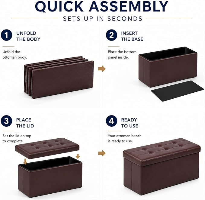 ALASDO 30 Inch Folding Storage Ottoman Bench with Hidden Storage, PU Leather Ottoman Foot Rest Stool, End of Bed Bench for Bedroom, Living Room, Entryway and Closet, Brown