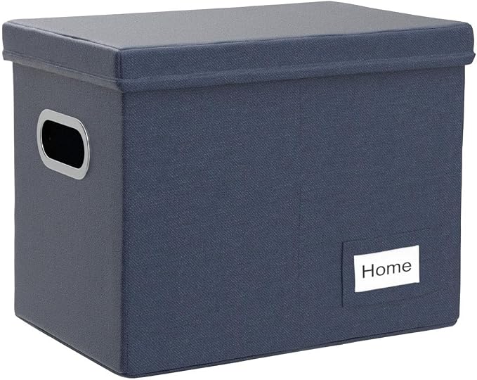 File Organizer Box - Set of 1 Collapsible Decorative Linen Filing Storage Hanging File Folders with Lids Office Cabinet Letter Size Navy Blue (14x9.3x10.8 inch)