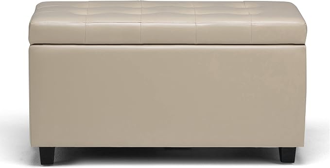 SIMPLIHOME Dover 36" Wide Linen Look Fabric Storage Ottoman in Slate Grey | Satin cream, transitional storage ottoman with tufting and lift-up lid; rectangle storage bench for living room or entryway.