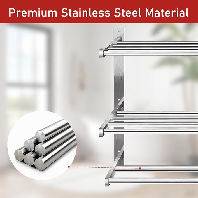 Taaji Towel Rack with Shelf 24 inch Double Towel Bars, Brushed Nickel | 3 Tier Towel Racks for Bathroom, Stainless Steel Bathroom Shelf with Hotel Bath Towels Storage, Wall Mounted