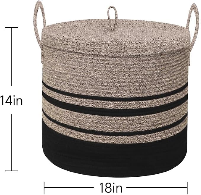 Extra Large Woven Basket with Lid, 18" X 14" Wicker Blanket Storage Basket Living Room, Tall Rope Storage Baskets for Toys, Decorative Kids Toy Bin Box with Cover, Baby Laundry Basket Hamper