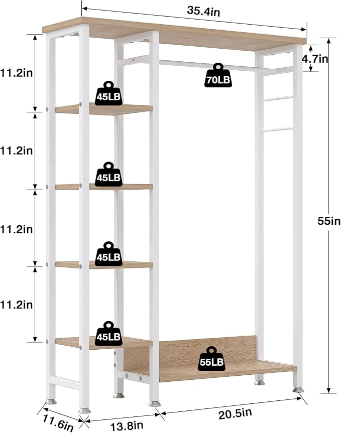 VECELO Open Garment Clothing Rack, Free-Standing Heavy Duty Storage Closet with 5 Shelves and Hanging Rod for Small Spaces, Max Load 350LBS, Nature White