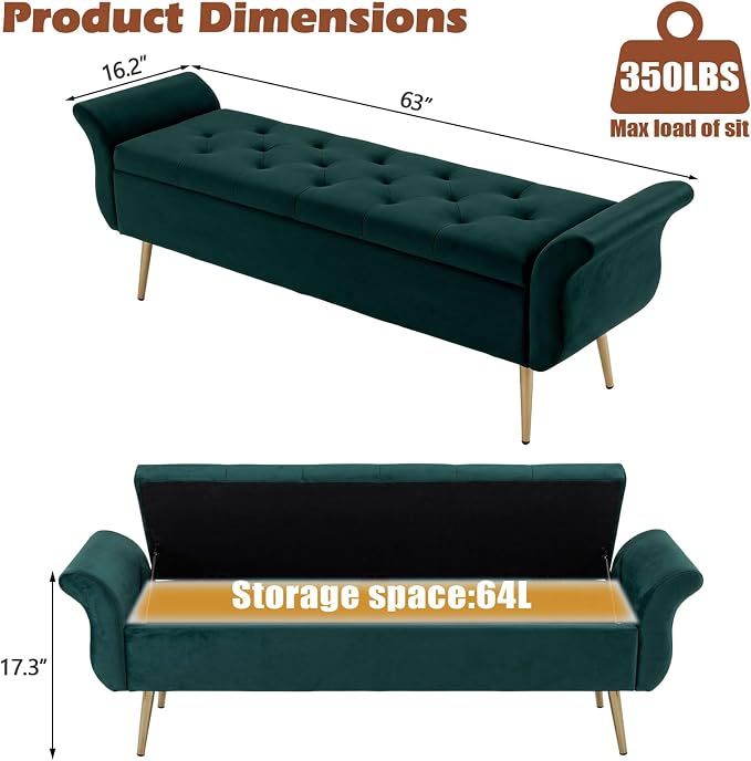Storage Ottoman Bench 63’’ Length Upholstered End of Bed Bench