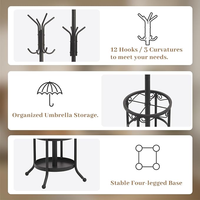 Coat Rack Freestanding with Umbrella Holder – Metal Hanger Stand, Hall Tree with 12 Hooks, Entryway Organizer for Hats, Bags, and Clothes (Black)