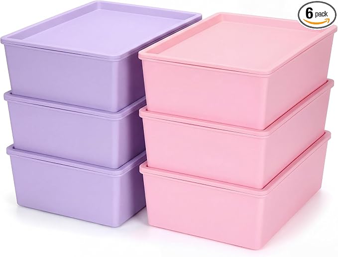 6 Pcs Large Plastic Storage Bins with Lids 14.4 x 10.4 x 5.1 Inch Stackable Storage Containers Decorative Cubby Organizer for Clothes Shelves Garage Closet Office (Pink, Purple)