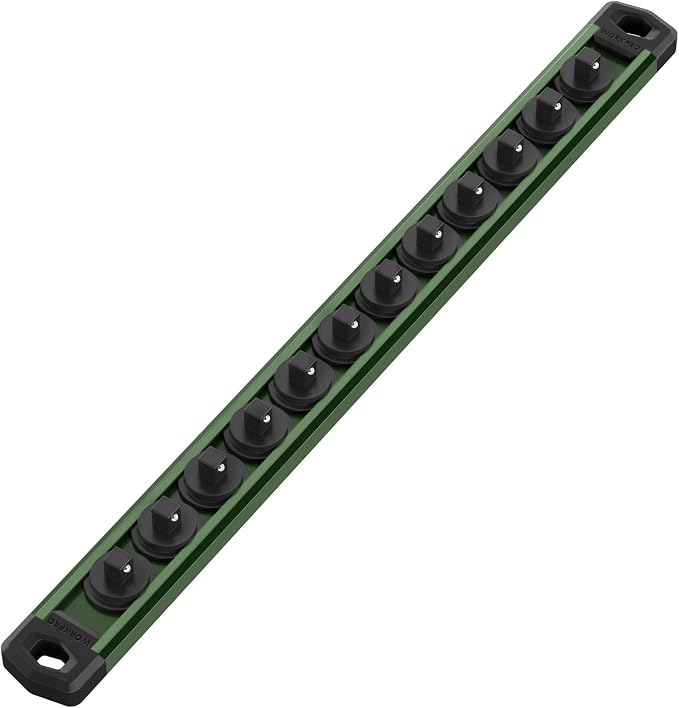 WORKPRO Magnetic Socket Organizer, Heavy Duty 1/4-Inch Drive Socket Rail | 1 Piece Socket Holder with 12 Spots, Aluminum Alloy, Rotatable & Movable Clips, Efficient Organization