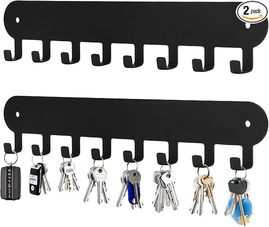 2 Pack Key Holder for Wall,Key Hooks with 8 Hooks, Black | Key Rack for Wall No Drill for Living Room, Kitchen, Bathroom, Garage