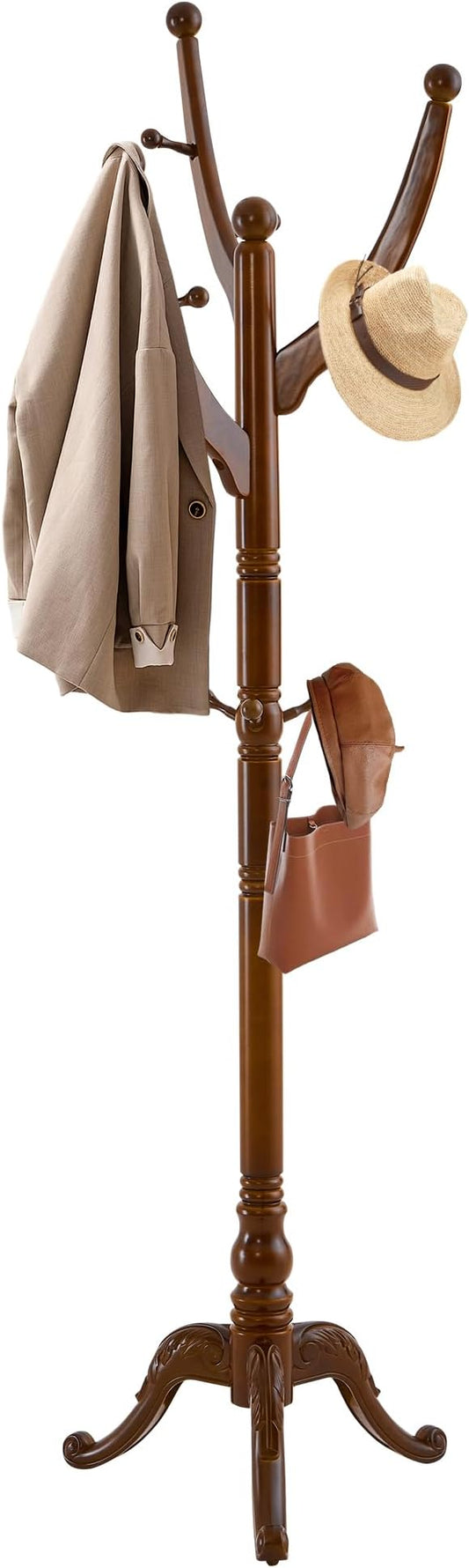 Wooden Coat Rack Freestanding, Solid Wood Coat Rack Stand with 13 Hooks, Mid-Century Modern Heavy Duty Coat Racks,Walnut Brown Standing Coat Jacket Hanger Clothes Tree Stand for Corner, Office