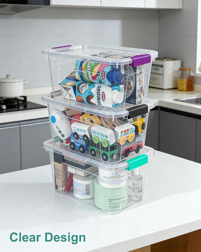 EOENVIVS Clear Storage Bins with Lids 6 Pack, 7 Qt Stackable Storage Containers with Buckle Lock, Durable Plastic Containers & Storage Box Organizer for Pantry, Bathroom, Closet & Office Use