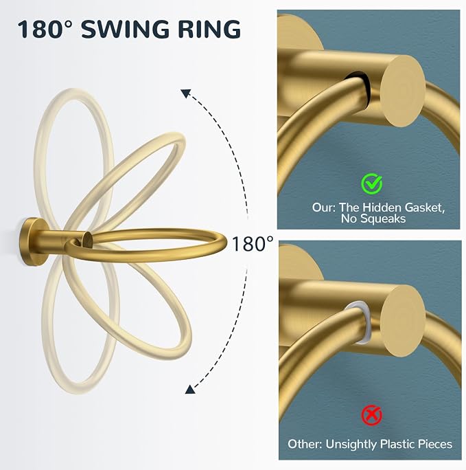 FORIOUS Bathroom Accessories, 4-Piece Bathroom Hardware Set - 24" Towel Bar | Brushed Gold | Towel Hooks, Towel Racks for Bathroom, Toilet Paper Holder Wall Mounted & Towel Ring | SUS304 Stainless Steel