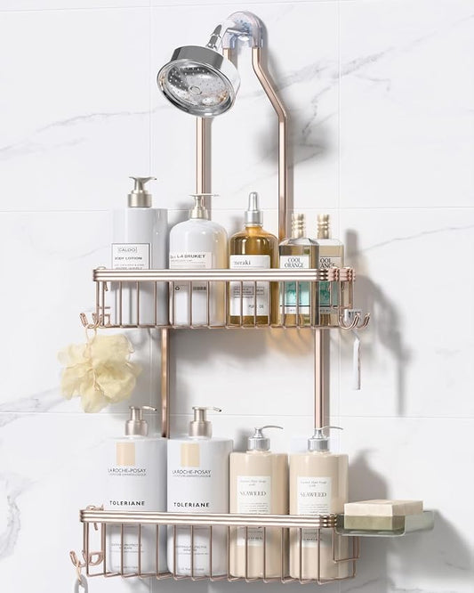 YASONIC Never Rust Shower Caddy Hanging, Aluminum Shower Racks for Inside Shower, 2-Tier Shower Organizer Hanging Over Shower Head with Hooks and Soap Holder, Rose Gold