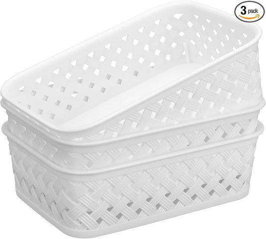 MaxGear 3 Pack Plastic Storage Baskets, Small, White | Durable Woven Plastic with Built-In Handles, Suitable for Shelves, Closets, Cabinets, Bathrooms and Offices