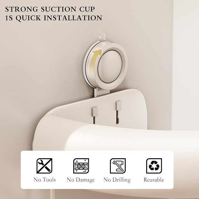 CICUFY Shower Caddy Suction Cup, 2 Pack No Drilling Corner Shower Shelves, Rust Proof Bathroom Storage Organizer, Shower Corner Caddy with Removable Hooks and Towel Bar, Triangle, Cream