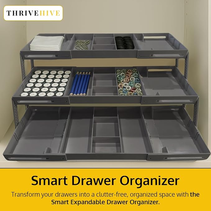 3 Tier Drawer Organizer, Multi Level Smart Drawer Organizer for Desk, Expandable Organizer for Office, Makeup, Jewelry, Kitchen, Folding Storage for Home and Office Drawers & Craft Organizer - Gray