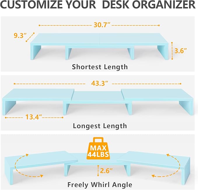 TAVR Dual Monitor Stand Riser, Wooden Computer Monitor Stand for 2 Monitors | Extra Long Multifunctional Desktop Organizer Riser for TV, PC Monitor, Laptop, Printer, Max 43.3" Length, Blue