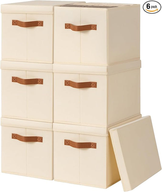 Homsorout Storage Bins with Lids - Fabric Storage Baskets for Shelves, 6 Pack Foldable Decorative Boxes with Handles, Stackable Organizer Bins for Home, Nursery, Dorm, Beige