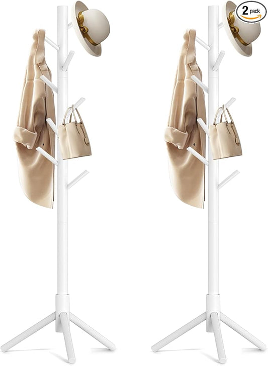 Aliphon Wooden Coat Rack Stand, Freestanding Coat Rack with 8 Hooks, 3 Adjustable Size Coat Tree for Hats, Coats, Scarves bags, Coat Hanger Stand Used in Bedroom/Office/Entryway, 2 PCS (White)