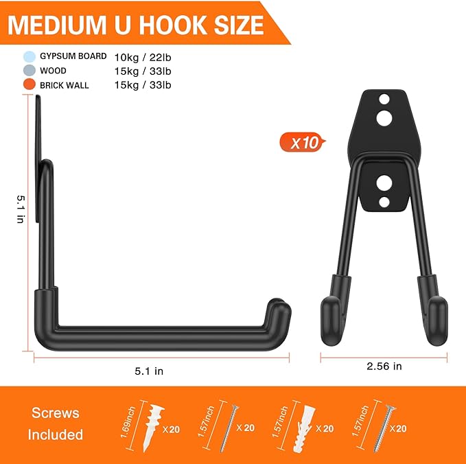 HUPBIPY Garage Hooks Heavy Duty 10 Pack, Wall Mount Ladder Hooks | 5.1in U Shaped Hanger, Storage Organizer With a non-slip coating For Hanging Bicycles, Garden Tools Hoses and Ropes (Black)