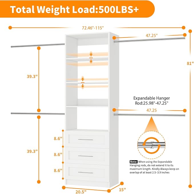 Closet System, 5FT-9FT Closet Organizer System with 4 Expandable Hanging Rods and Moveable Shelves, 115" Walk in Closet System with 3 Wooden Drawers, Custom Built in Closet, Wall Mount