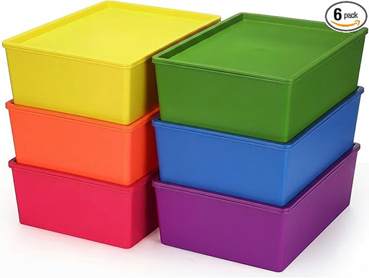 6 Pcs Large Plastic Storage Bins with Lids 14.4 x 10.4 x 5.1 Inch Stackable Storage Containers Decorative Cubby Organizer for Clothes Shelves Garage Closet Office (Colorful)