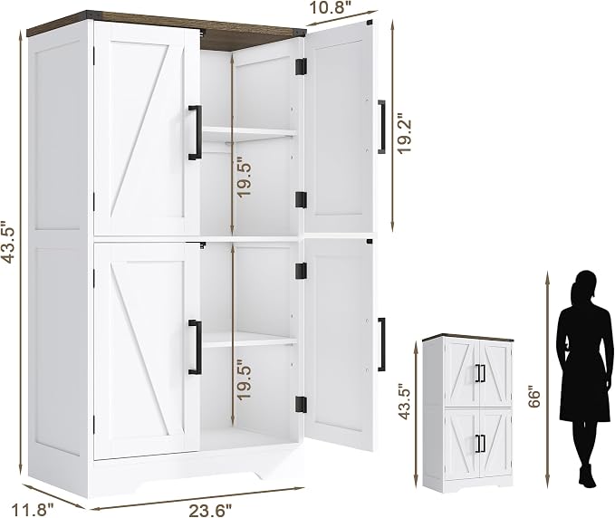 Treocho Farmhouse Bathroom Floor Cabinet with Adjustable Shelves | 11.81"D x 23.62"W x 43.46"H, Freestanding Kitchen Pantry Cabinet, Cupboard for Living Room, Dining Room, White
