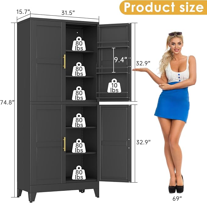 75" Tall Metal Kitchen Pantry Storage Cabinet, Freestanding Cupboard Storage Cabinet with 4 Doors and 4 Adjustable Shelves, Large Stand Up Food Cupboard for Dinning Room, Bathroom（Black）
