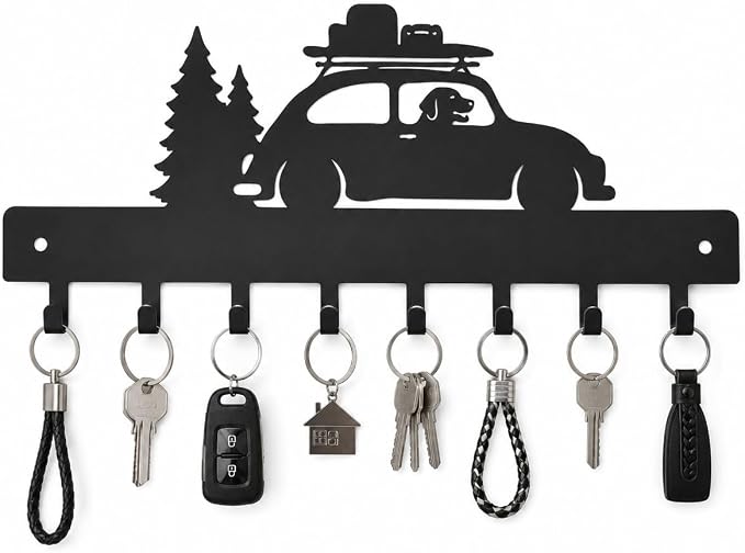 RV Decor Key Holder for Wall, Camper Key Rack with 8 Hooks, Black | Metal RV adventure decor with no-drill glue or screw mounting, ideal for entryway, hallway, living room, camper and RV