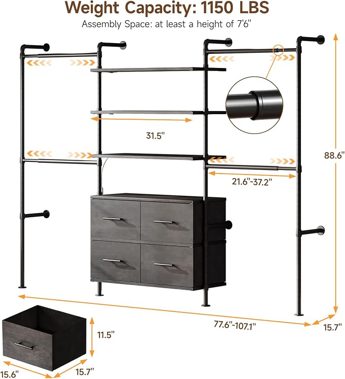 T3 Closet System with Stepless Dimmable LED Light, Industrial Pipe Clothing Rack with 4 Drawers, 6 Wooden Shelves & 4 Telescopic Rods, Heavy Duty Closet Organizers in Wardrobe Closet (Black Gray Oak)