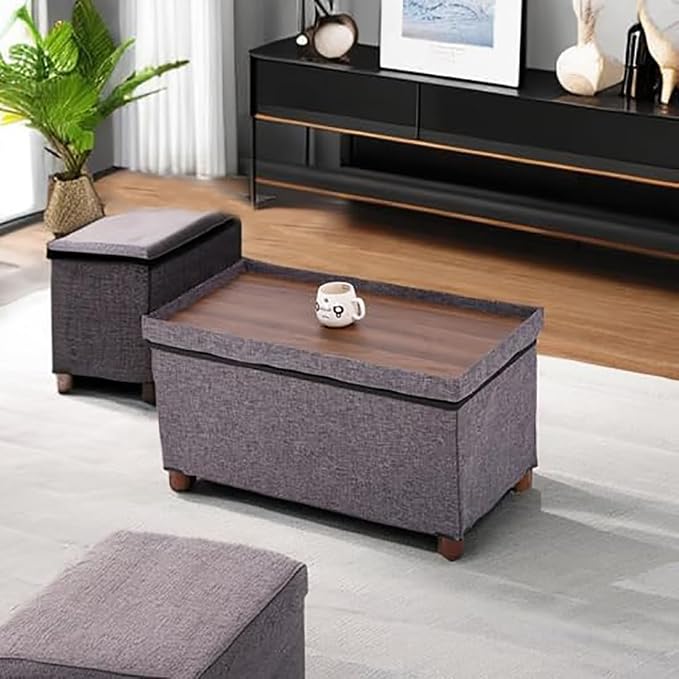30 Inches Storage Ottoman Bench, Rect Grey, Modern, Classic Style, Linen Fabric, Walnut Wood Legs