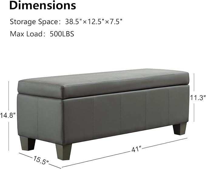 41" Storage Ottoman, Storage Bench with Safety Hinge, Upholstered Synthetic Leather Ottoman Bench for Bedroom, Living Room, Entryway, Hallway, Foot Rest, Support 500lbs, Grey
