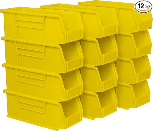 Akro-Mils 30224 AkroBins Plastic Storage Bins, 11"x 4"x 4", Yellow, 12-Pack | Space-Saving Stackable Bins for Garage, Pantry, Craft Organization