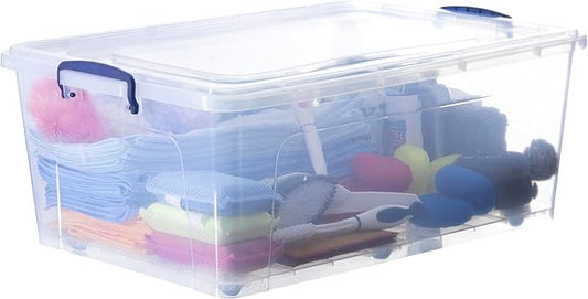 Superio Clear Storage Bin with Lid, Large Stackable Container with Lid, 60 Quart Wheeled Storage Box for Home, Garage, Storage