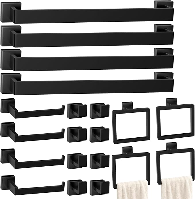 20-Pieces Matte Black Bathroom Accessories Set, 24 Inch Bath Towel Bar Set | Stainless Steel, Towel Ring, Toilet Paper Holder, Robe Hooks, Towel Racks for Bathroom Wall Mounted, Bathroom Hardware Set