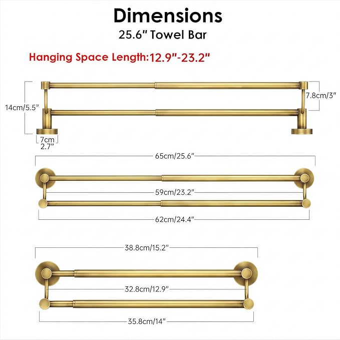 Double Towel Bar Bathroom Towel Rack Towel Rod Holder Antique Brass | Adjustable 16-26 In, Wall Mounted Towel Holder, Stainless Steel, Rustproof, Towel Bar Rod Hanger Hardware Accessories Hotel