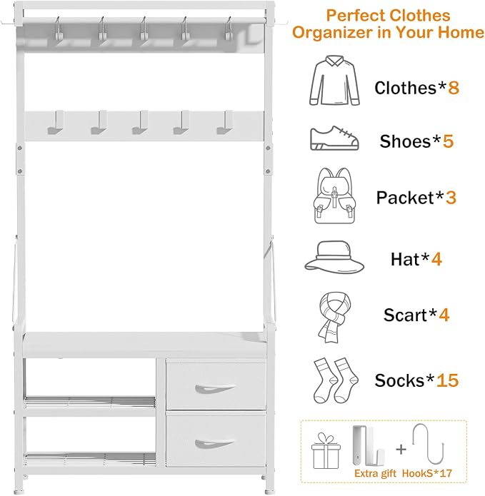 Hall Tree with Bench and Shoe Storage, 31.5” Coat Rack Freestanding | White, 5 in 1 Intelligent Design, 17 Hooks, 2 Drawers, Handy Clothes Rail