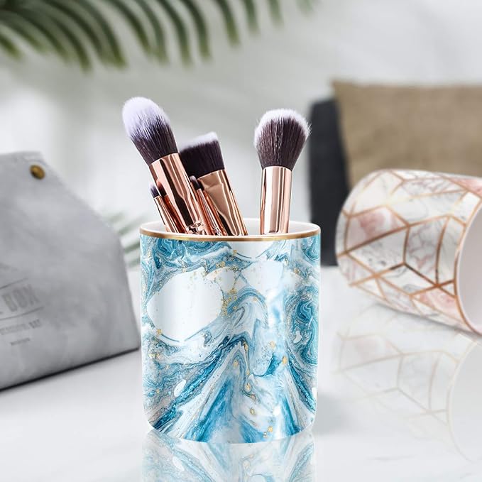 Pen Pencil Holder for Desk, Marble Desk Decor Organizer, Durable Ceramic Pencil Cup Holder Marble Design Makeup Cups for Brushes for Office, Classroom, Blue
