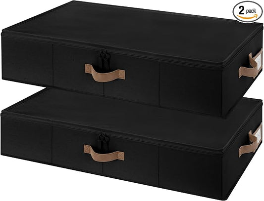 StorageWorks Underbed Storage Containers with Lids, 2-Pack 6" Low Profile Under Bed Organizers for Clothes, Bedding and Sweaters, 53L Large Fabric Storage Bins, Foldable Space Saving, Black