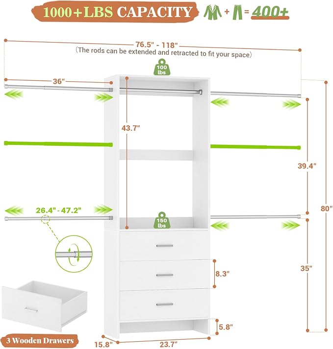 Aheaplus Closet System, Closet Organizer with 3 Wooden Drawers, Closet Organizer System, Walk-in Closet Wardrobe Clothes Rack with 4 Hanging Rods, Garment Rack, -4R, White