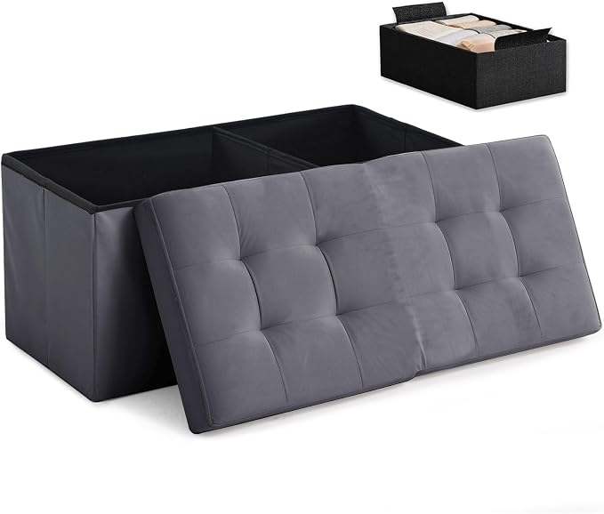HAUSFRAU Ottoman with Storage Bench Folding Foot Rest Stool Velvet Ashgrey | 31.5", Flip Lid, Small Upholstered Foldable Footrest Footstool, Bedroom Bench, Living Room Dorm Ottoman, Rectangle